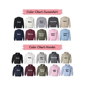 Puede incluir: Tabla de colores que muestra varios colores de sudaderas y sudaderas con capucha, incluyendo negro, blanco, azul marino, granate y azul claro. El texto "Color Chart Sweatshirt" y "Color Chart Hoodie" se muestra.