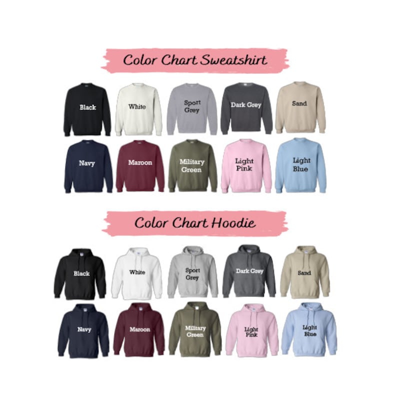 Puede incluir: Tabla de colores que muestra varios colores de sudaderas y sudaderas con capucha, incluyendo negro, blanco, azul marino, granate y azul claro. El texto "Color Chart Sweatshirt" y "Color Chart Hoodie" se muestra.