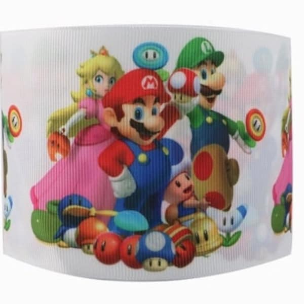 Super Mario Bros Ribbon 1" or 1.5" High Quality Grosgrain Ribbon By The Yard | Luigi Princess Peach Toad Friends