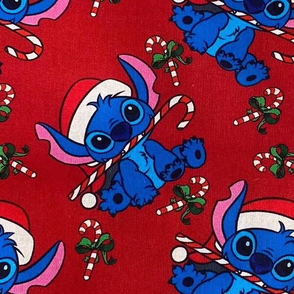 18" x 10" Remnant Stitch Christmas Collage | 100% Cotton Fabric Disney Stitch Santa Xmas Candy Cane Tumbled