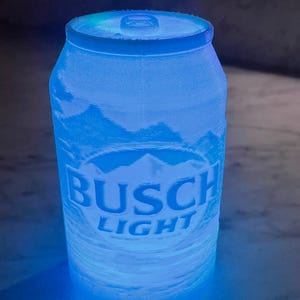 May include: A frosted aluminum can of Busch Light beer. The can is covered in a layer of frost and the Busch Light logo is visible.