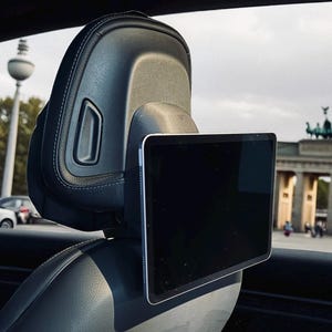 Può includere: Un tablet montato sul retro di un poggiatesta per auto. Il tablet ha uno schermo nero e una cornice argentata. Il poggiatesta è in pelle nera. La Porta di Brandeburgo è visibile sullo sfondo.