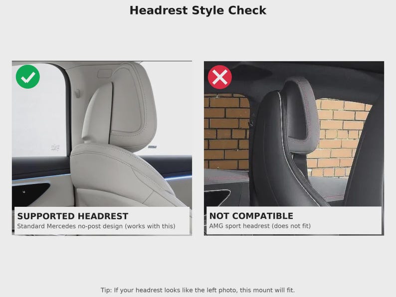 K&ouml;nnte beinhalten: Bild, das zwei Kopfst&uuml;tzenstile vergleicht. Links eine unterst&uuml;tzte Kopfst&uuml;tze mit gr&uuml;nem Haken, beschriftet mit &bdquo;SUPPORTED HEADREST&ldquo;. Rechts eine nicht kompatible Kopfst&uuml;tze mit rotem Kreuz, beschriftet mit &bdquo;NOT COMPATIBLE&ldquo;.