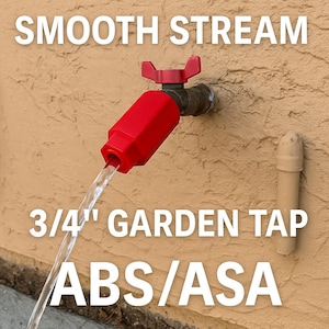 May include: A red garden tap with a 1.9 cm opening is mounted on a textured beige wall. The tap is connected to a water source, and a stream of water is flowing out. The text "SMOOTH STREAM", "3/4" GARDEN TAP", and "ABS/ASA" are visible.