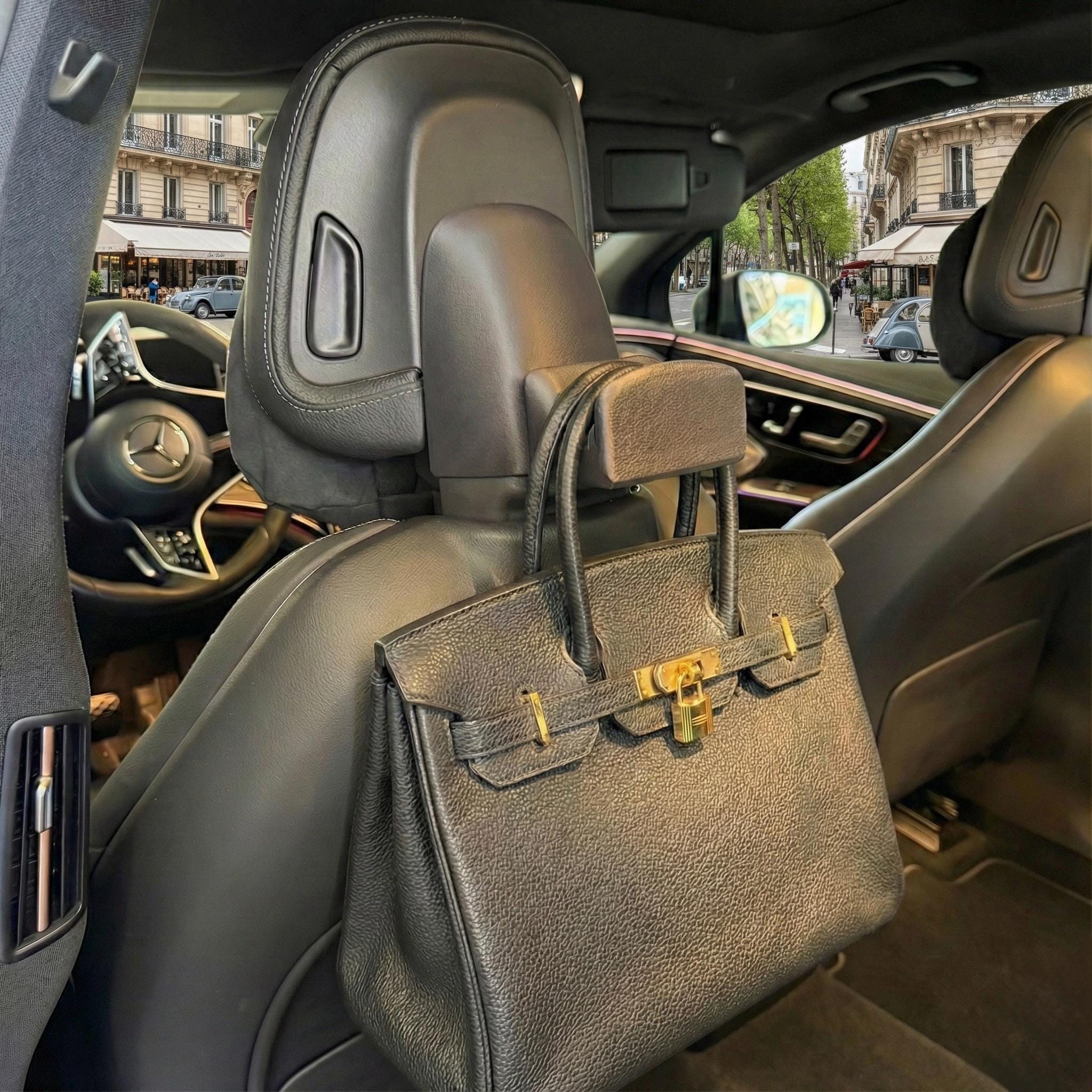 Purse Hook Hanger for Mercedes No-Post Headrests (EQS/EQE/S-Class/GLC) w/ Eco-Leather Handle Protector