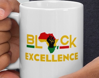 Caneca branca brilhante de excelência preta, caneca de cor pan-africana, presentes do mês da história preta