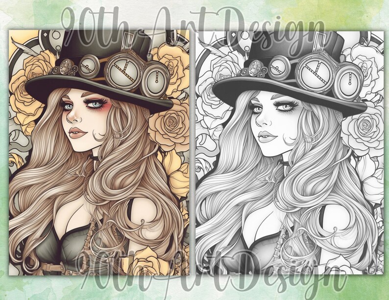 Steampunk Girl Grayscale Coloring Pages Women Coloring Page - Etsy