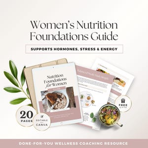 Könnte beinhalten: Ein digitaler Leitfaden mit dem Titel "Women's Nutrition Foundations Guide" mit unterstützendem Text. Das Bild enthält ein Tablet, gedruckte Seiten und eine Tasse Tee. Der Leitfaden unterstützt Hormone, Stress und Energie. Enthält 20 Seiten und ist in Canva bearbeitbar.