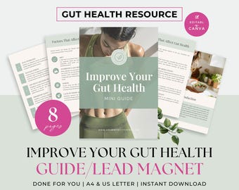 Conteúdo sobre saúde intestinal, Modelo de programa de coaching de saúde, Coach de nutrição, Nutricionista, Guia pronto para usar, E-book PLR, Folheto, Panfleto, Canva