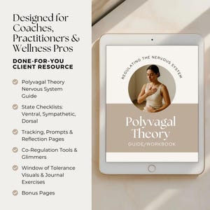 Peut inclure: Une tablette num&eacute;rique affiche un guide/cahier d'exercices intitul&eacute; "Polyvagal Theory". La couverture pr&eacute;sente une femme et le texte : "Regulating the Nervous System". Le texte suppl&eacute;mentaire comprend "Designed for Coaches, Practitioners & Wellness Pros".