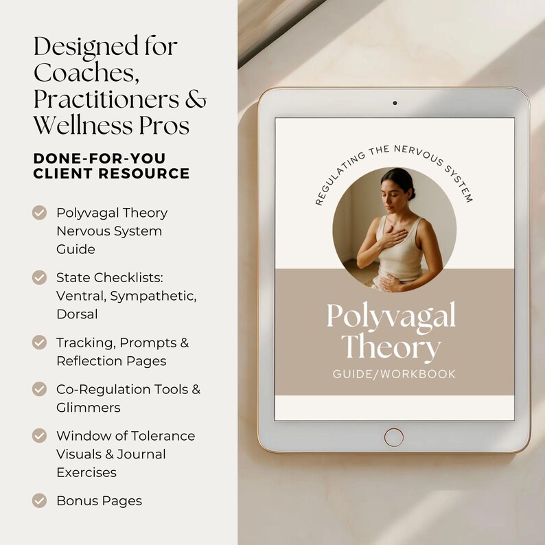 Peut inclure: Une tablette num&eacute;rique affiche un guide/cahier d'exercices intitul&eacute; "Polyvagal Theory". La couverture pr&eacute;sente une femme et le texte : "Regulating the Nervous System". Le texte suppl&eacute;mentaire comprend "Designed for Coaches, Practitioners & Wellness Pros".