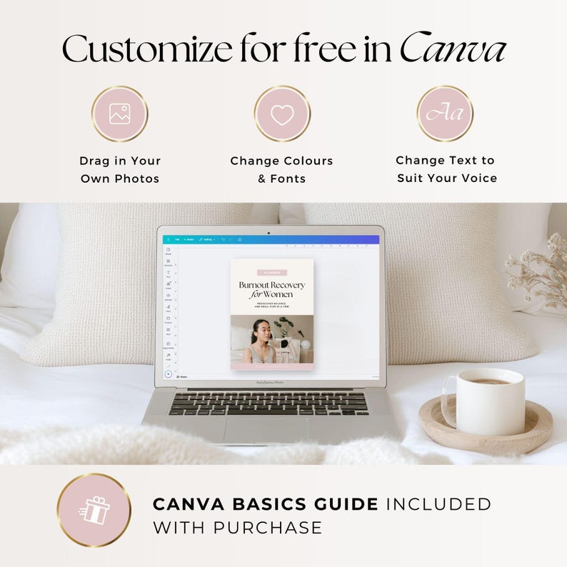 May include: A laptop displaying a Canva design with the text "Burnout Recovery for Women." The image includes icons for photo uploads, color and font changes, and text customization. Text at the top reads "Customize for free in Canva." A coffee cup sits on a wooden coaster.