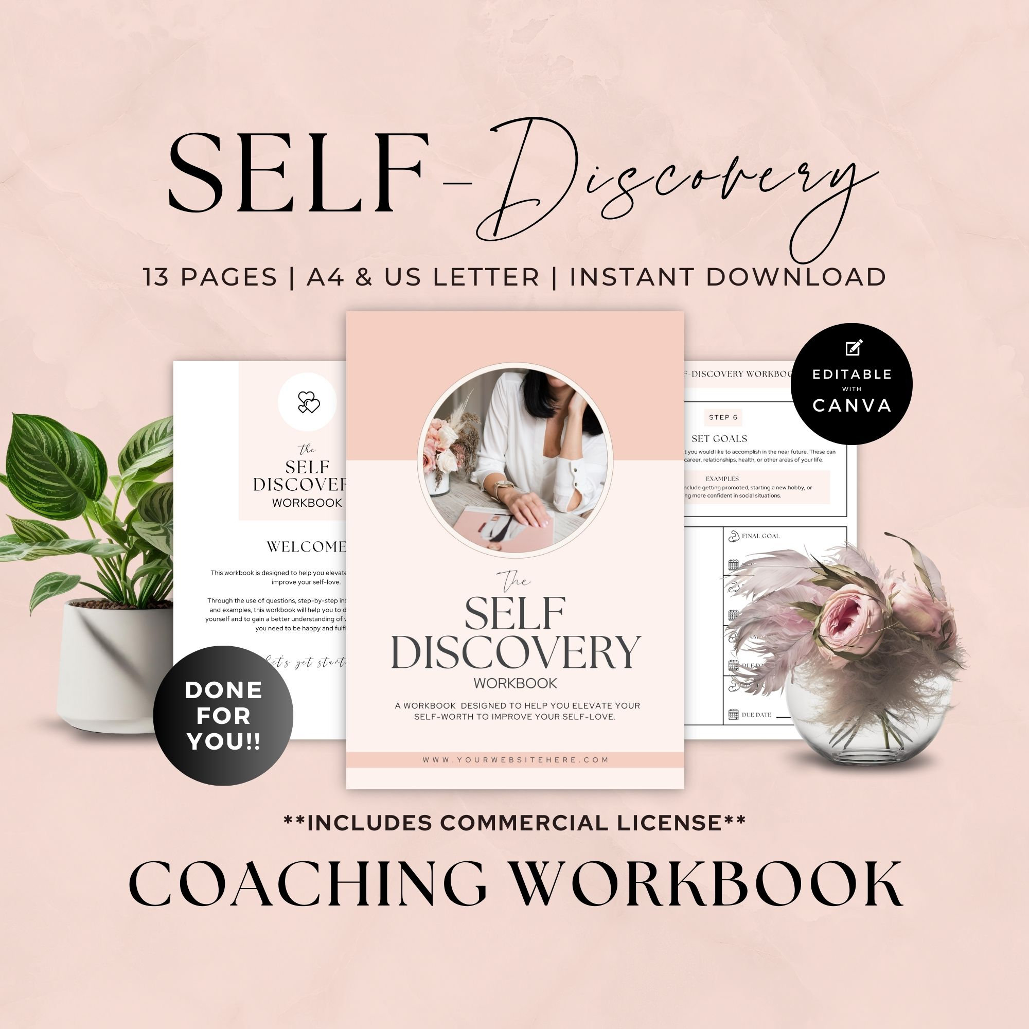 Self Discovery Workbook, Coaching Worksheet Template Canva, Done For You, Life Coach, Self Love, Self Worth, Self Esteem, Journal Prompts