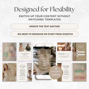 Puede incluir: Un conjunto de plantillas digitales para redes sociales con el texto Designed for Flexibility, Switch up your content without switching templates, Update the text anytime y No need to redesign or start from scratch con una insignia dorada.