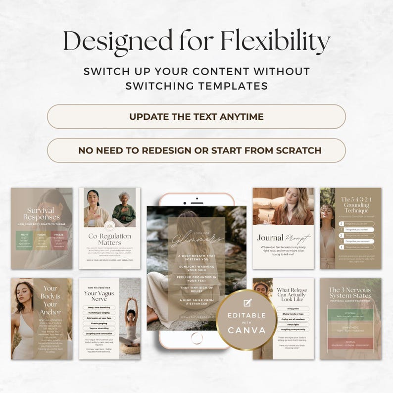 Puede incluir: Un conjunto de plantillas digitales para redes sociales con el texto Designed for Flexibility, Switch up your content without switching templates, Update the text anytime y No need to redesign or start from scratch con una insignia dorada.