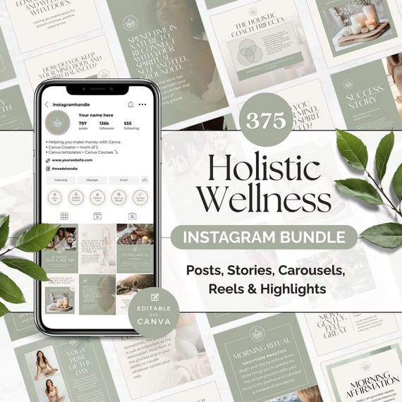 Holistic Wellness Instagram Bundle, Editable Posts Stories Reels Carousels Highlights Quotes, Holistic Coach Instagram Template, Health Reel