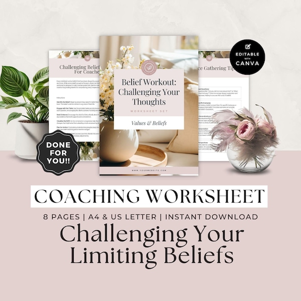 Coaching Arbeitsblatt Vorlage, Life Coach Arbeitsbuch, Kunden Sitzung, Geschäftsformulare, Karriere, Denkweise, Herausforderung Limitierende Überzeugungen, für Sie erledigt