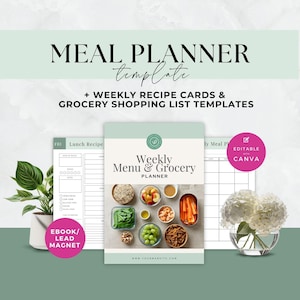 Planificador de comidas semanal y lista de compras, plantilla Plr Canva, tarjetas de recetas editables, libro electrónico de asesoramiento nutricional, imán principal de asesor de salud, digital