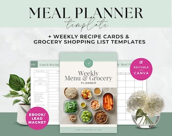Weekly Meal Planner and Grocery List, Plr Canva Template, Editable Recipe Cards, Nutrition Coaching Ebook, Health Coach Lead Magnet, Digital