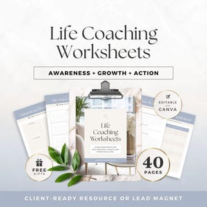 Op de afbeelding: Een promotieafbeelding voor life coaching werkbladen. De afbeelding toont een klembord met een werkblad, extra werkbladen en cirkelvormige afbeeldingen met tekst. De tekst bevat "Life Coaching Worksheets", "Awareness + Growth + Action" en "40 Pages".