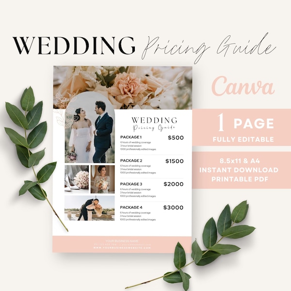 Wedding Photography Pricing Guide Template, Photographer Price List, Packages, Service, Flyer, Event Planner, Canva Templates, Editable, PDF