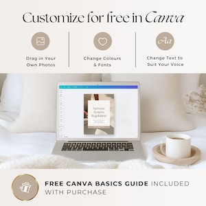 Op de afbeelding: Een laptop met een digitaal sjabloon getiteld Nervous System Regulation, met daarboven de tekst Customize for free in Canva, inclusief iconen voor foto's, kleuren en lettertypes, en onderaan de tekst Free Canva Basics Guide included with purchase.