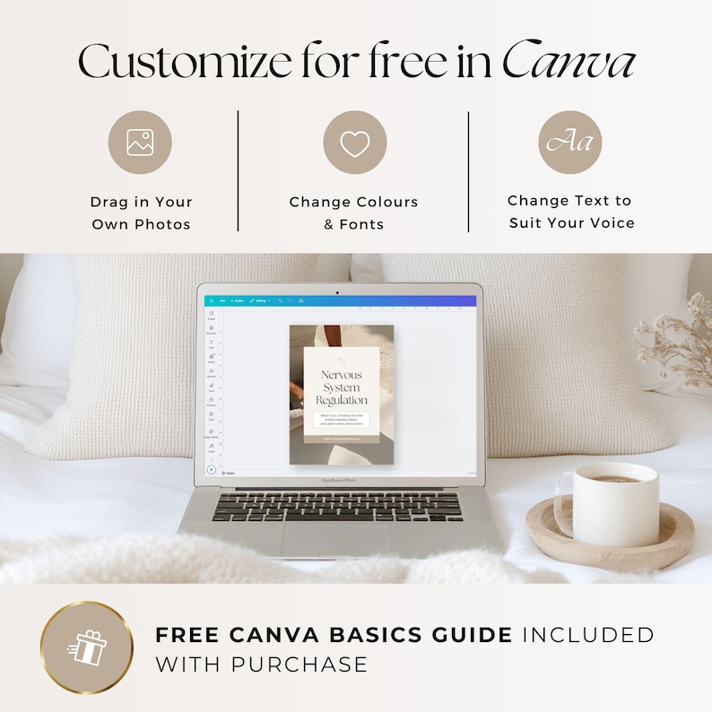 Op de afbeelding: Een laptop met een digitaal sjabloon getiteld Nervous System Regulation, met daarboven de tekst Customize for free in Canva, inclusief iconen voor foto's, kleuren en lettertypes, en onderaan de tekst Free Canva Basics Guide included with purchase.