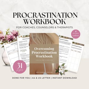 Op de afbeelding: Een digitaal werkboek getiteld Procrastination Workbook for Coaches, Counselors & Therapists, met 31 pagina's in A4- en US Letter-formaat. De set bevat afdrukbare planningsbladen, managementtechnieken en patronen, allemaal bewerkbaar met Canva.
