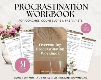 Overcoming Procrastination Workbook for Coaches, Therapists & Counselors, Productivity Tools and Worksheets, Lead Magnet, Canva Template