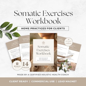 Könnte beinhalten: Ein Arbeitsbuch für somatische Übungen mit 14 Seiten in Beige und Weiß. Das Cover zeigt den Text Somatic Exercises Workbook, Home Practices for Body Awareness & Nervous System Regulation sowie ein bearbeitbares Canva-Abzeichen.