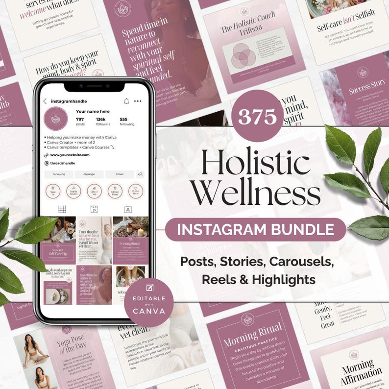 Holistic Health Instagram Bundle, Editable Posts Stories Reels Carousels Highlights Quotes, Holistic Coach Social Media, Wellness Branding image 1