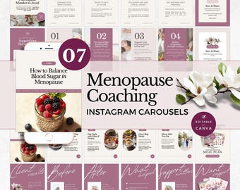 Plantillas de Instagram para coaching en la menopausia, publicaciones en carrusel de Canva para la salud hormonal y el bienestar en la mediana edad, contenido para redes sociales de coaches holísticos.
