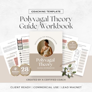 May include: A coaching template titled "Polyvagal Theory Guide/Workbook" with a woman meditating on the cover. The guide includes 28 pages and bonus gifts. Additional pages with diagrams and text are visible. The design is neutral with text that reads "Client Ready | Commercial Use | Lead Magnet".