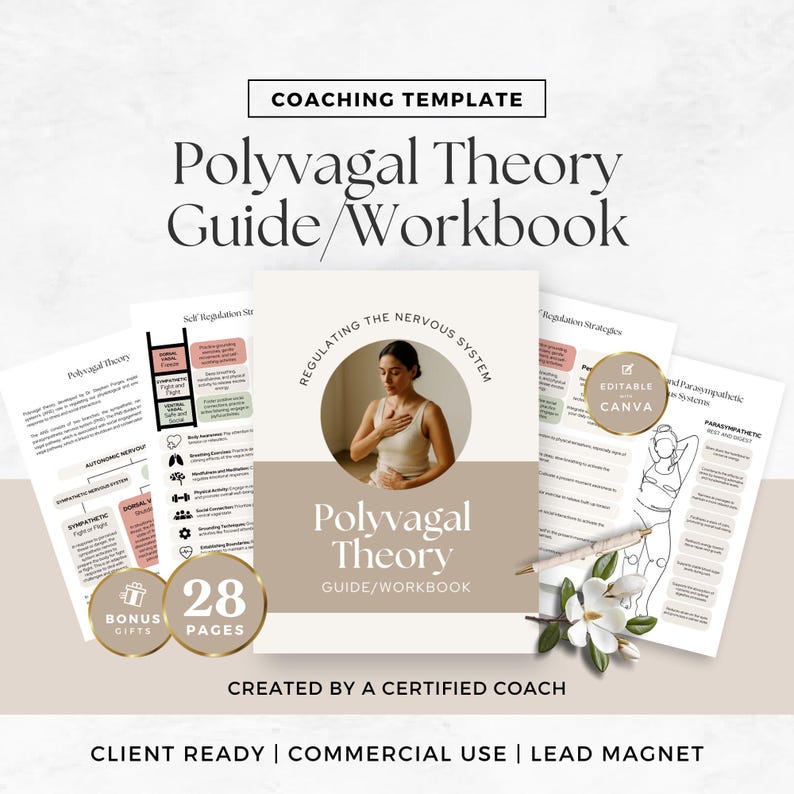 Peut inclure: Un mod&egrave;le de coaching intitul&eacute; "Polyvagal Theory Guide/Workbook" avec une femme m&eacute;ditant sur la couverture. Le guide comprend 28 pages et des cadeaux bonus. Des pages suppl&eacute;mentaires avec des diagrammes et du texte sont visibles. La conception est neutre avec le texte "Client Ready | Commercial Use | Lead Magnet".