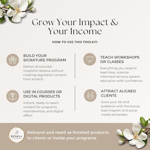 Op de afbeelding: Een informatieve grafische afbeelding voor een digitale toolkit met de titel Grow Your Impact & Your Income. Het beschrijft vier toepassingen: programma's bouwen, workshops geven, digitale producten gebruiken en klanten aantrekken, inclusief een doorverkooplicentie.