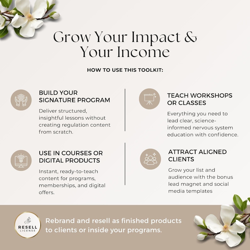 Op de afbeelding: Een informatieve grafische afbeelding voor een digitale toolkit met de titel Grow Your Impact & Your Income. Het beschrijft vier toepassingen: programma's bouwen, workshops geven, digitale producten gebruiken en klanten aantrekken, inclusief een doorverkooplicentie.