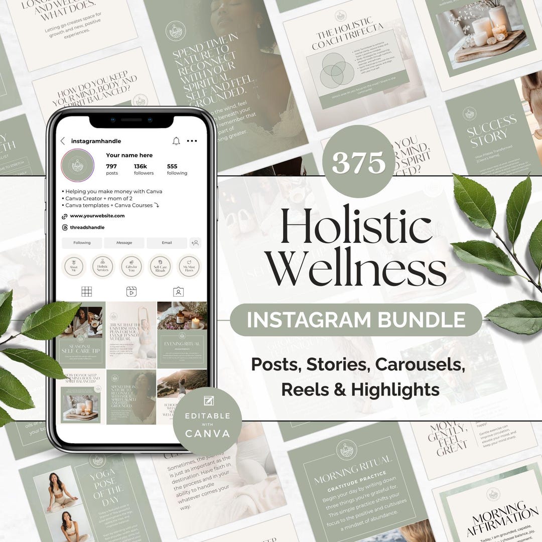Holistic Wellness Instagram Bundle, Editable Posts Stories Reels ...