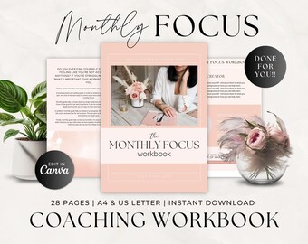 Plantilla de libro de trabajo de coaching, Hojas de trabajo de enfoque mensual, Formularios de coach empresarial, Coach de vida, Libro electrónico de mentalidad, Contenido hecho para ti, Canva, Editable