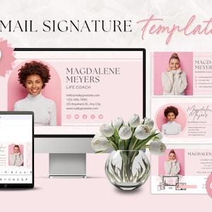 Plantilla de firma de correo electrónico en la que se puede hacer clic, tarjeta de visita, profesional, Gmail, Outlook, HTML, icono de redes sociales, mejores plantillas, rosa, rubor, Canva