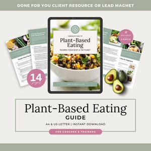 May include: A digital guide titled Introduction to Plant-Based Eating: Nourish Your Body & The Planet, featuring a bowl of quinoa and beans. The set includes 14 pages, editable in Canva, available in A4 and US Letter sizes for instant download.