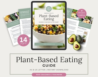 May include: A digital guide titled Introduction to Plant-Based Eating: Nourish Your Body & The Planet, featuring a bowl of quinoa and beans. The set includes 14 pages, editable in Canva, available in A4 and US Letter sizes for instant download.