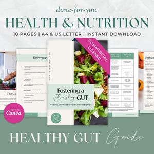 Puede incluir: Una guía digital de salud y nutrición titulada Fostering a Flourishing Gut, con 18 páginas en tamaños A4 y US Letter. El documento incluye secciones sobre probióticos, prebióticos y referencias, con licencia comercial y capacidad de edición en Canva.