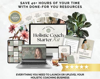Puede incluir: Un kit de inicio para coaches de salud holística que incluye una computadora portátil, una tableta y documentos impresos. El texto incluye "The Ultimate Holistic Coach Starter Kit", "Created by a Certified Holistic Health Coach" y "Save 40+ Hours of Your Time".