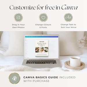 May include: A laptop screen shows a "Whole Body Wellness" guide, with the text "Customize for free in Canva." Icons illustrate options to drag photos, change colours and fonts, and change text. A coffee cup sits on a wooden coaster. Text: "CANVA BASICS GUIDE INCLUDED WITH PURCHASE."