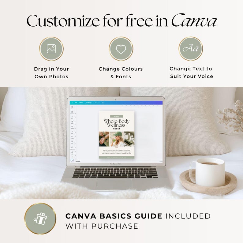 May include: A laptop screen shows a "Whole Body Wellness" guide, with the text "Customize for free in Canva." Icons illustrate options to drag photos, change colours and fonts, and change text. A coffee cup sits on a wooden coaster. Text: "CANVA BASICS GUIDE INCLUDED WITH PURCHASE."