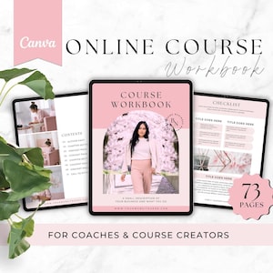 Op de afbeelding: Een digitale online cursus werkboek sjabloonset voor Canva met een roze en wit kleurenschema. De weergave toont drie tabletschermen met paginalay-outs, waaronder een omslag met foto, een inhoudspagina en een checklistpagina.