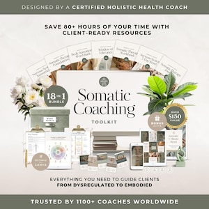 May include: A digital somatic coaching toolkit bundle featuring a central computer monitor displaying the text Somatic Coaching Toolkit, surrounded by various printed workbooks, digital tablets, a smartphone, a green storage box, and a plant.