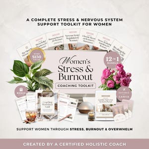 Peut inclure: Un ensemble complet d'outils de soutien pour le stress et le système nerveux des femmes. L'image présente une collection de ressources, notamment des guides, des cahiers d'exercices et des outils numériques. L'ensemble comprend 12 articles, d'une valeur de plus de 140 €. Le thème est le soulagement du stress et la récupération de l'épuisement.