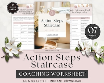 Goal Setting Coaching Worksheet, Action Steps Sequencing Questions and Prompts for Coaches and Clients, Business Resources, Canva Template