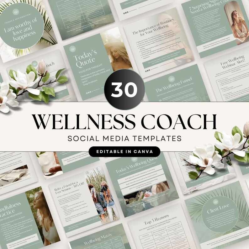 30 Wellness Coach Instagram Templates | Affirmations, Tips, Engagement & Promo Posts | Pre-Written Content for Health Coaches | Social Media image 1